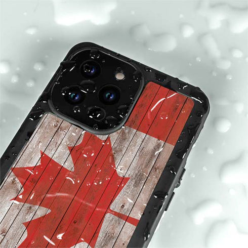 Canadian Flag Dark Wood iPhone 14 Pro Max Waterproof Case